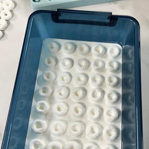 May include: A blue rectangular container filled with white, ring-shaped treats, possibly cereal or snacks, submerged in a white liquid. A light blue mold with similar ring-shaped indentations sits above the container.