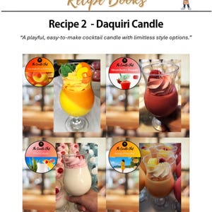 以下が含まれることがあります： 「The Candle Chef Recipe Books」のページで、「レシピ2 - ダイキリキャンドル」を紹介しています。画像には、ジョージアピーチ、ストロベリー、ピニャコラーダ、マンゴーパラダイスという4つのカクテル風キャンドルが写っています。各キャンドルは透明なグラスに入っており、カラフルなワックスと装飾が施されています。