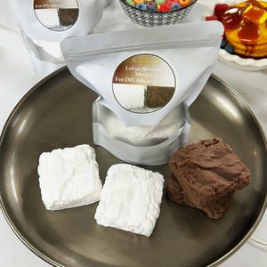 Puede incluir: Una bandeja plateada contiene modelos de brownies blancos y marrones, junto con bolsas etiquetadas como "Large Brownie Models For DIY Silicone Models". Un cuenco de cereales coloridos y una pila de panqueques con sirope se ven al fondo.
