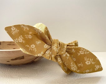 QUINN II | Fabric Wrapped Headband with Bow | Vintage Ditsy Floral, Mustard Yellow