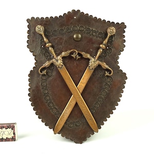 Replica leather shield with swords for wall, Old copper knight accessories on the wall, Vintage Medieval Shield with Crossed Swords, Decor