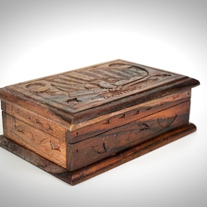 Vintage Handmade Carved Wooden Jewellery Trinket Box, Zakynthos Greek Keepsake Storage Organizer with Hand Carved Folk art Design,