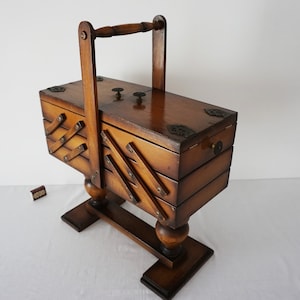Big cantilever sewing box, vintage sewing basket, old wooden sewing box, german sewing box, wooden sewing fold out box, Box on large legs