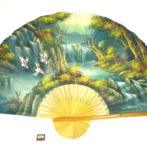 Old large blue fan, Vintage Large Japanese Fan, Folding Hand Fan, Asian Fan, Rustic hand painted fan, wood wall decoration, fan with crane