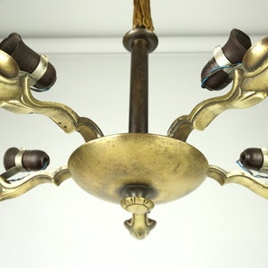 Art deco Chandelier, large Mid century Lamp for 5 light bulbs, Vintage German Brass tall chandelier, old five-arm chandelier,