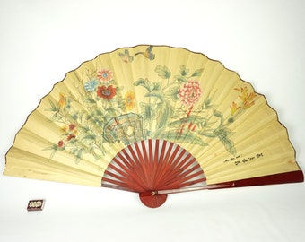 Old large fan, Vintage Large Japanese Fan, Folding Hand Fan, Asian Paper Fan, Rustic hand painted fan, wood wall decoration,  wall fan,