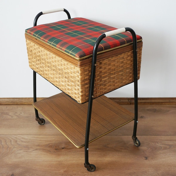Big vintage sewing box on wheels, sewing basket, wooden sewing box, fold out box, german sewing box, craft box, wicker sewing box