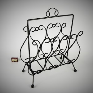 Metal newspaper holder, magazine stand Vintage, Black Metal Wire Magazine Rack, Wrought iron rack, Record storage Mid century magazine,