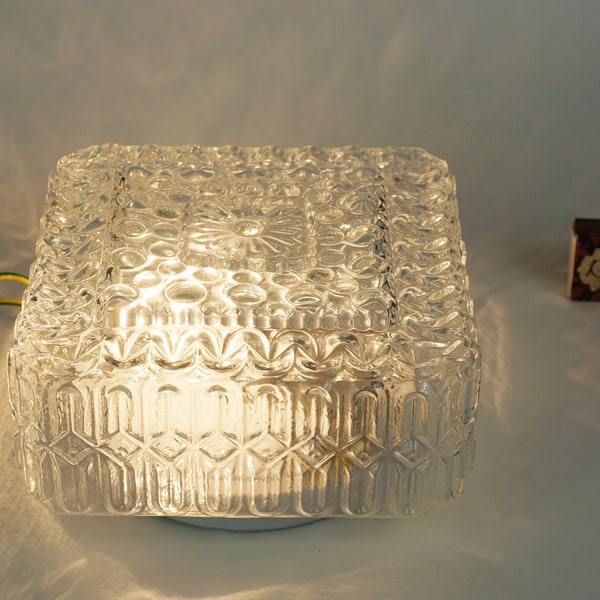 Clear Glass Geometric ceiling Lamp, Belgian vintage flush mount fixture ceiling glass, Textured Glass, lamp Flush-Mount with Faceted Glass,