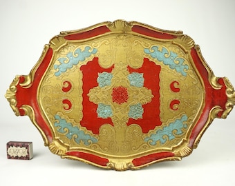 Vassoio da portata fiorentino d'epoca, vecchi vassoi da portata rettangolari, vassoio da cocktail barocco italiano, vassoio italiano retrò, vassoio decorativo,