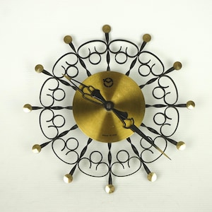 A working German Mid Century clock, Old clock 60s, Vintage Wall Clock, MCM ornate metal wall clock, Iron & Brass Wall Clock, German design,