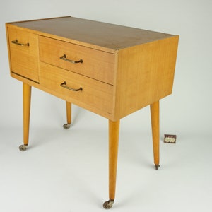Mid century cabinet on legs, vintage small chest of drawers, sewing table box with drawers, Modern Design Nightstand, sewing box on wheels,