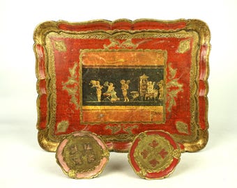 Grande vassoio da portata fiorentino d'epoca, vecchi vassoi da portata rettangolari, vassoio da cocktail barocco italiano, vassoio italiano retrò, vassoio decorativo