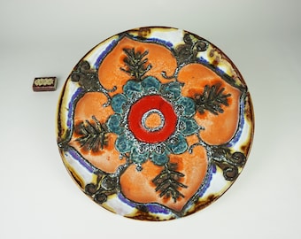 Large Coloured Floral decor Wall plate, big MAREI KERAMIK (Majolikafabrik Rheinbach), West-German Ceramic Decorative, vintage colorful plate