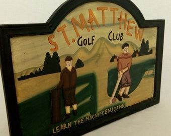 Big wooden signboard, vintage advertising sign, golf club, hand-painted signboard, hand-carved sign, old advertising sign, golf course,