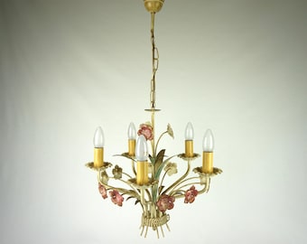 Lustre en métal du milieu du siècle, lustre italien vintage à cinq branches, lampe à suspension florentine, lustre crème avec fleurs bordeaux des années 1960,
