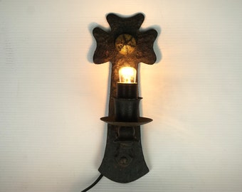 Old Wrought Forged Iron wall lamp, vintage cast iron sconce lamp, style lighting, antique hand forged lamp, rare Celtic cross wall lamp,