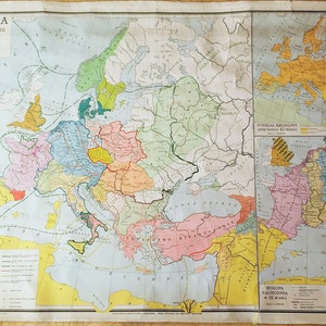 Vecchia mappa molto grande, 69"x 46", 175 cm x 117 cm, mappa storica del mondo, vecchio grafico murale, grande mappa scolastica, mappa didattica, territori religiosi