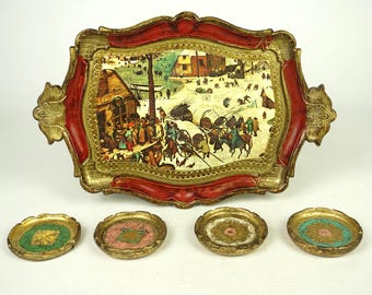 Vassoio da portata piccolo fiorentino d'epoca, vassoi da portata rettangolari, vassoio da cocktail barocco italiano, vassoio italiano retrò, vassoio decorativo,