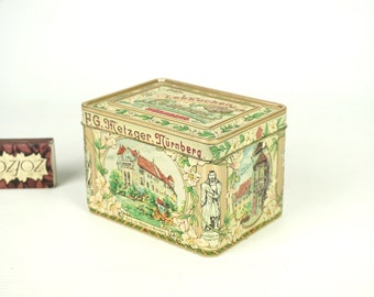 Old tin box, antique colorful box, vintage metal container, Vintage tin box, German tin can 'Nurnberger Lebkuchen'',box small,