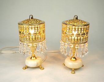 Paar tafellampen uit het midden van de eeuw, vintage koperen bedlampjes met glaskristallen, antieke bedlampjes, Zweedse kleine gouden nachtlampjes,