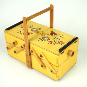 Vintage yellow sewing box,sewing basket,wooden sewing box, fold out box, german sewing box,craft box, wooden sewing fold out box, sewing box