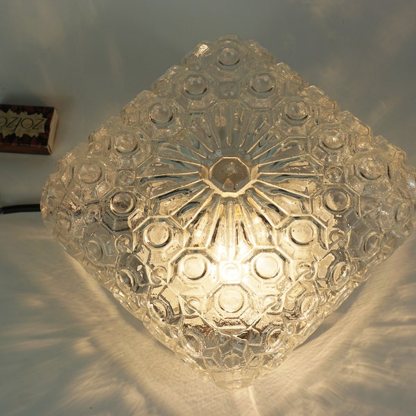Clear Glass Geometric ceiling Lamp, German vintage flush mount fixture ceiling glass, Textured Glass, lamp Flush-Mount with Faceted Glass,