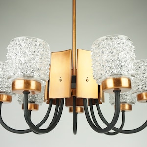 Old Chandelier for 7 light bulbs,Rare Mid Century Chandelier copper/black metal with glass shades, German sputnik lamp, lamp from the 1970s,