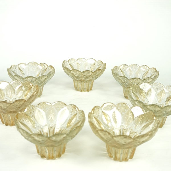 Set of 7 glass bowls of thick glass, beige small Glass Lamp Shades , glass shades in the style of R.Koschnick,seven small candlesticks