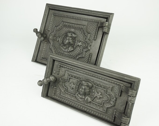 Pair Cast Iron Oven Doors, Set Iron Stove Door, Rusty Stove Part, Antique Furnace, Cast Iron