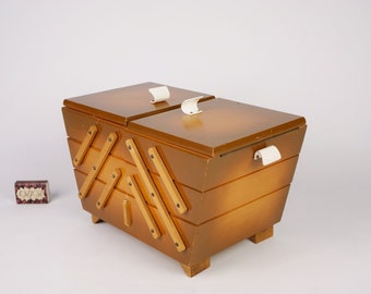Vintage sewing box, sewing basket, wooden sewing box, fold out box, german sewing box, craft box, wooden sewing fold out box, sewing box,