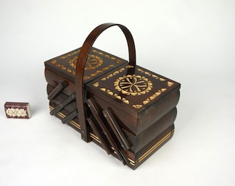 Caja de costura vintage, cesta de costura, caja de costura de madera, caja plegable, caja de costura alemana, caja de artesanía, caja plegable de costura de madera, caja de costura,