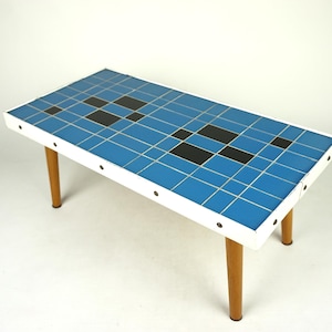 Mid century with blue mosaic plant stool,Vintage Flower bench, retro coffee table, bedside side table, Germany 60s plant stand, blue table,