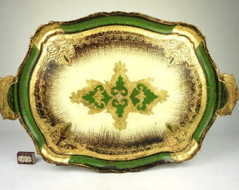 Vassoio da portata fiorentino vintage molto grande, vecchio vassoio da portata rettangolare, vassoio da cocktail barocco, vassoio italiano retrò, vassoio decorativo,