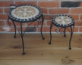 Set of flower bed with a mosaic top, Two metal tables with a mosaic top, Mosaic Table Top Flower Stool, Mid Century modern ceramic tile top,