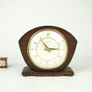 Vintage efficient wooden mantel clock, English Tempora mechanical clock, clock Art Deco style, modernistic fireplace clock, standing clock,