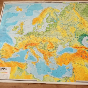 Vecchia mappa murale molto grande, 80,7"x 67,7", 205 cm x 172 cm, mappa fisica vintage Europa, vecchio grafico murale, grande mappa scolastica, mappa didattica vintage,