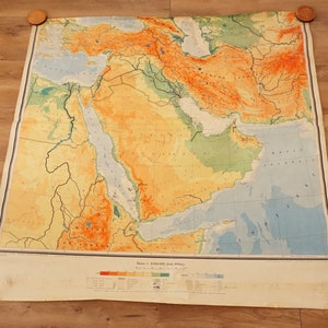 Vecchia mappa murale molto grande, 80,7 "x 67,7", 205 cm x 172 cm, mappa fisica vintage del sud-ovest asiatico, vecchia carta a muro, mappa scolastica, mappa didattica,