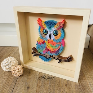 Arte di carta gufo-Arte di carta gufo quilled-Regalo per amante dei gufi-Regalo unico-Arte del gufo-Arte di carta 3D-Anniversario di carta-Regalo di nozze-Arte di gufo colorata