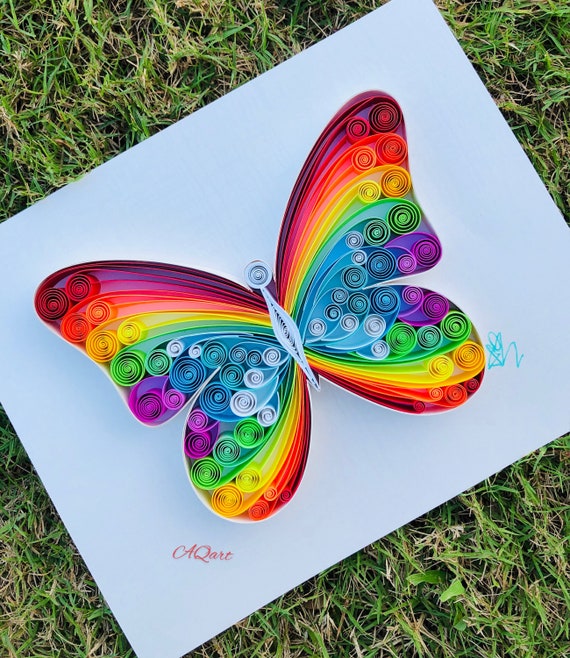 UYT 3D Rainbow Butterfly Quilling Paper Filigree Painting Kit Handmade Wall Art Decal Stickers DIY Crafts for Home Bedroom Decoration Gifts for Adult Kids Quilling Paper Kit with Frame