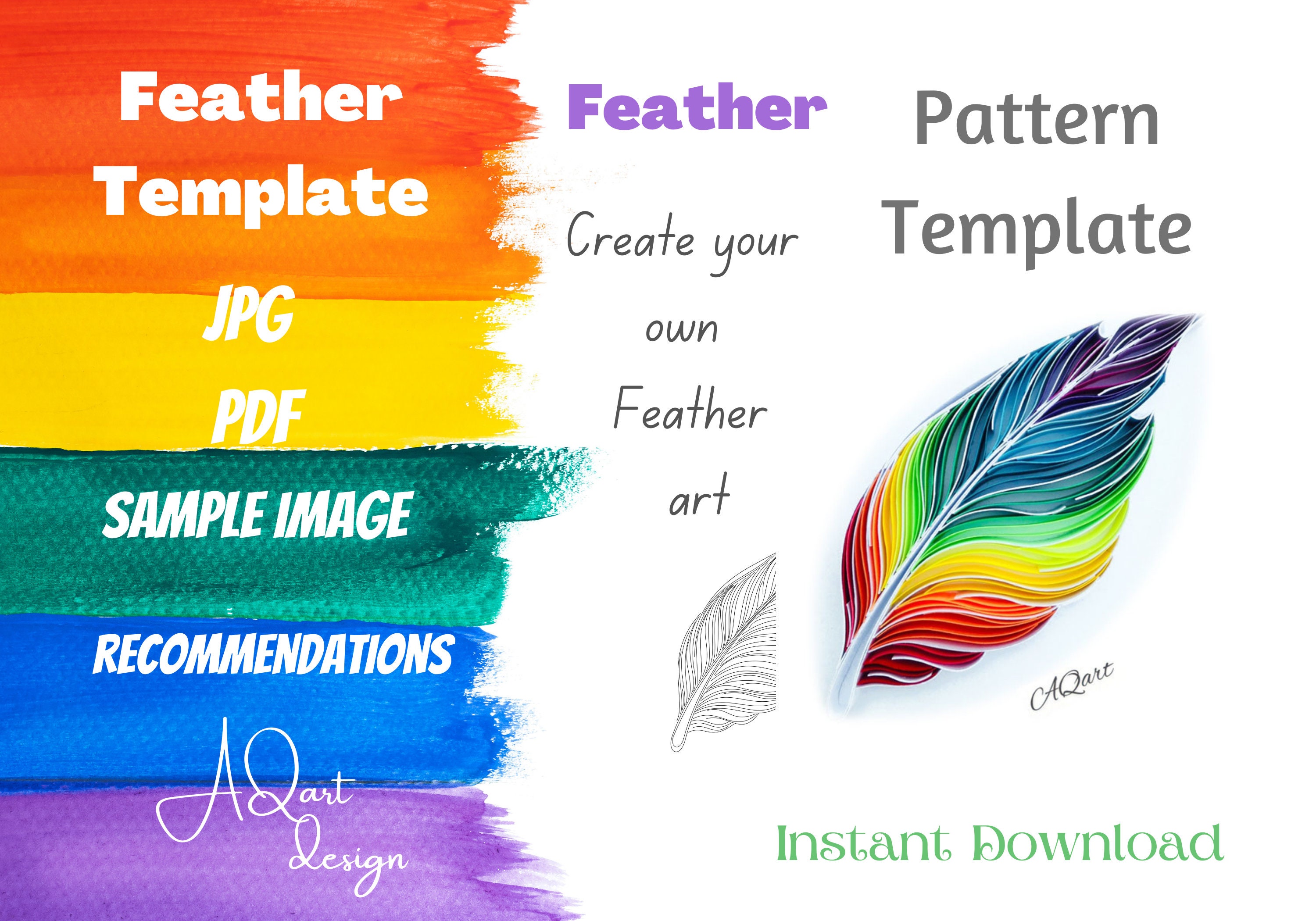 Rainbow Feather Pattern Feather Template Quilled Feather Etsy