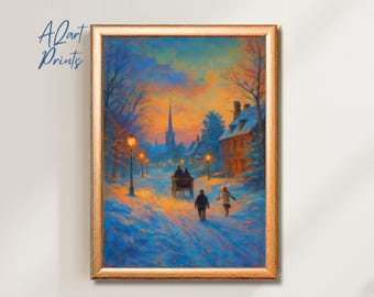 Vintage Winter Evening | Christmas Village Wall Art | Winter Landscape Painting Print| Digital Download