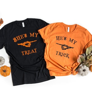She&#39;s My Treat He&#39;s My Trick Couples Shirt / Halloween Matching Couples Costume / Skeleton Hand Outfit / Halloween Party Hoodie