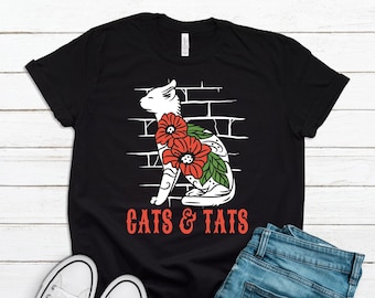 Tattoo Shirt / Cats and Tats Saying / Tattoo Ink with Cat and Roses Design / Ink Cat Lover Saying / Tattoo Artist Hoodie