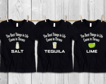 Camisa de tres BFF / Camiseta sin mangas / Sudadera con capucha / Grupo de niñas a juego 3 Mejores amigos / Sal Tequila Lima / Amigos divertidos Bebiendo Camisa de viaje para niñas