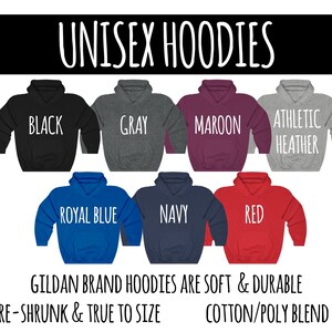 May include: Unisex hoodies in various colors, including black, gray, maroon, athletic heather, royal blue, navy, and red. The text "UNISEX HOODIES" is at the top of the image. The text "GILDAN BRAND HOODIES ARE SOFT & DURABLE" is at the bottom of the image. The text "PRE-SHRUNK & TRUE TO SIZE" is at the bottom left of the image. The text "COTTON/POLY BLEND" is at the bottom right of the image.