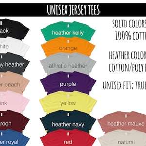 May include: A display of various unisex jersey tees in multiple colors, including black, white, and heather gray. The image includes text indicating the shirts are 100% cotton for solid colors and a cotton/poly blend for heather colors. The shirts are unisex and true to size.