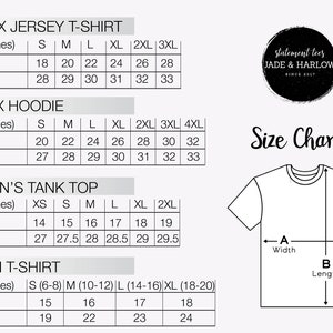 May include: Size chart for unisex jersey t-shirts, unisex hoodies, women's tank tops, and youth t-shirts. The chart shows the width and length measurements in inches for each size.
