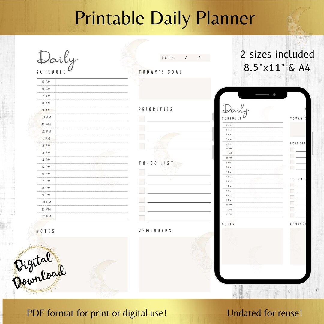 Printable Daily Planner | Digital Download PDF | A4 & US Letter (8.5x11 ...