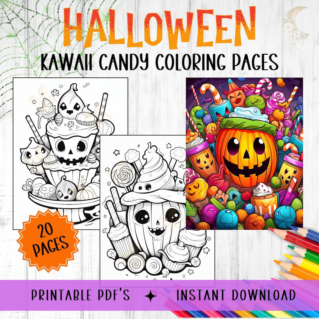 Halloween Kawaii Candy Coloring Pages, Kids Printable Activity, Cute ...